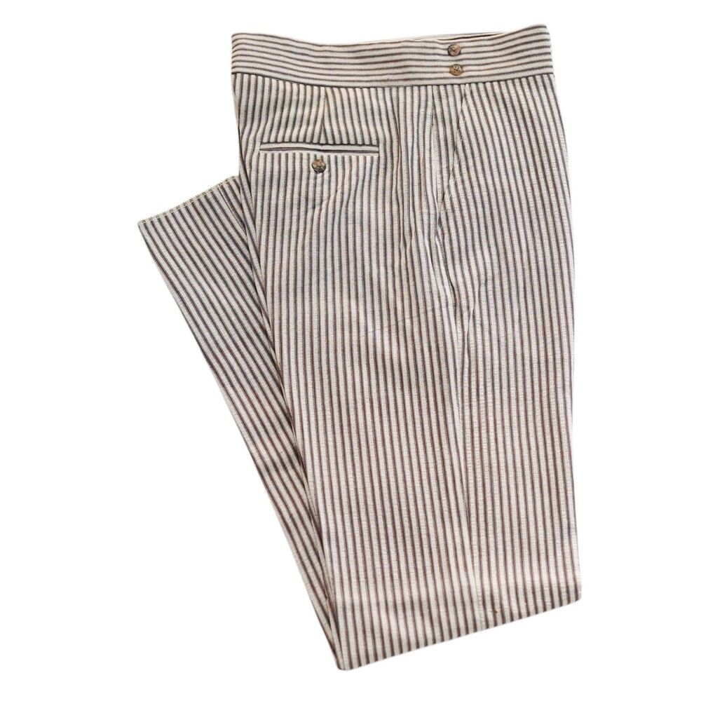 Mens Gurkha Pants 36 Brown Tan Striped Flat Front Slim Fit Cotton Dress Trousers